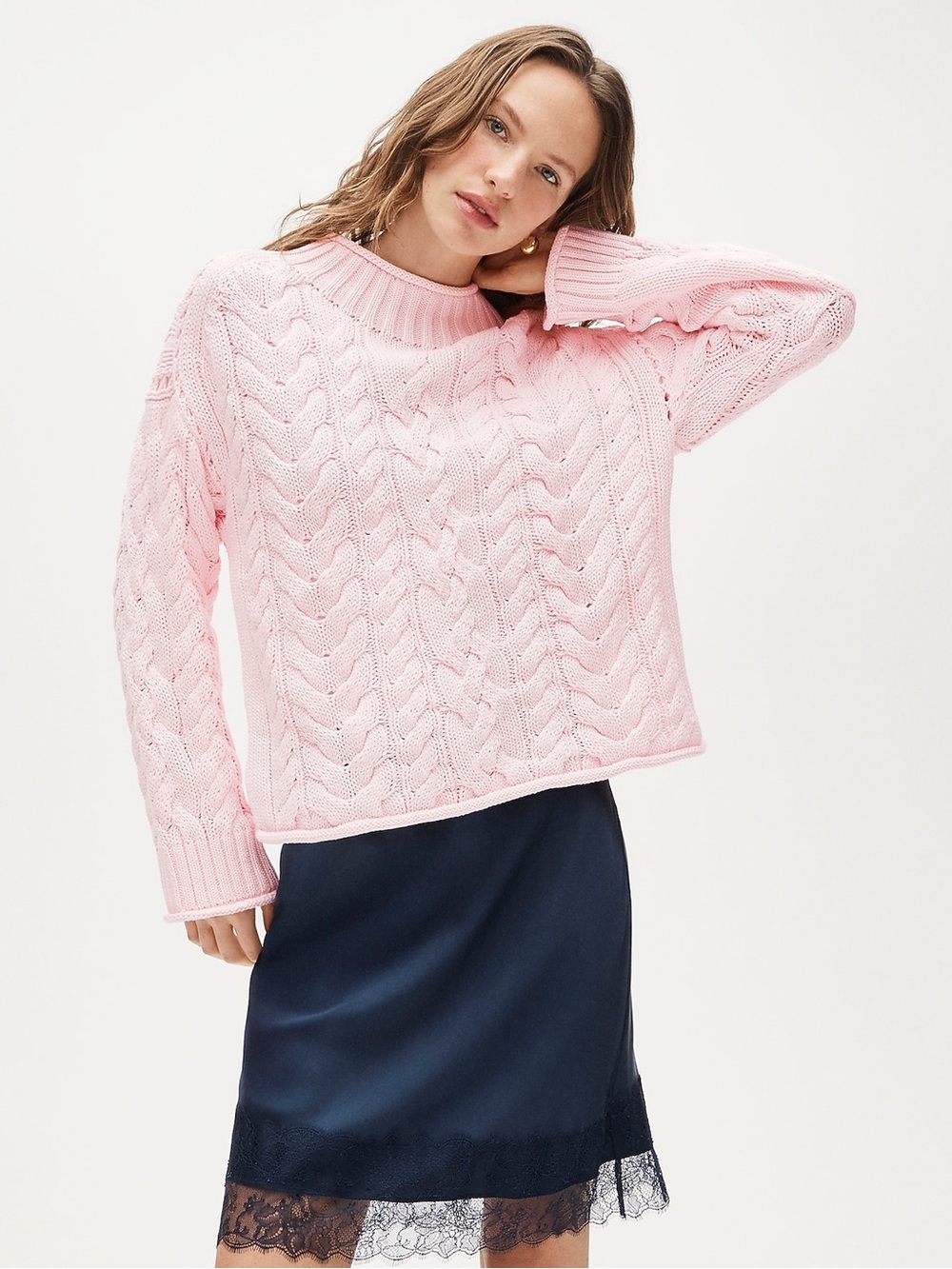 J. Crew 2025 Rollneck cable-knit sweater in White Rose Pink Size XS